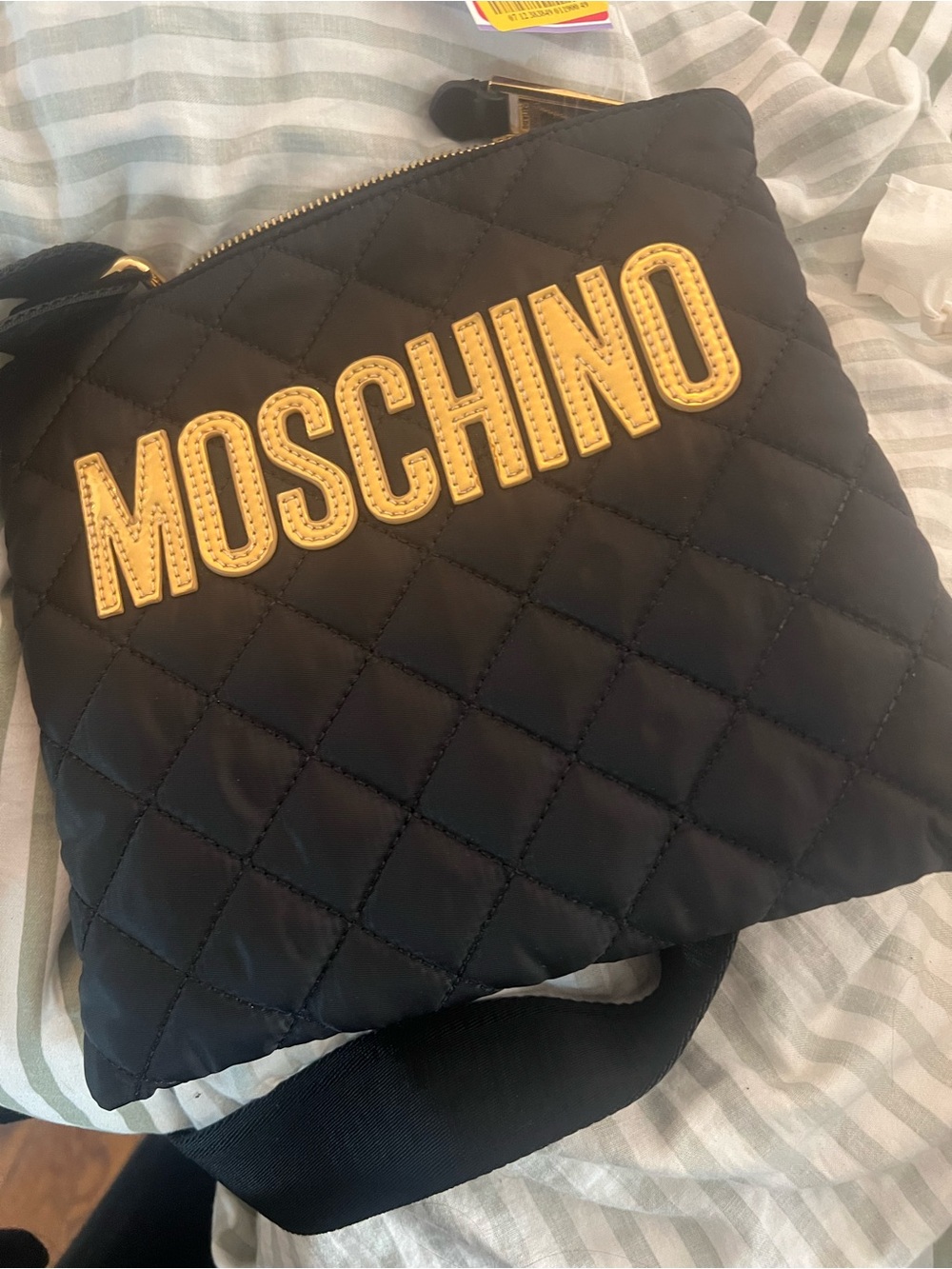 Moschino Black Quilted Crossbody Bag with Gold Logo